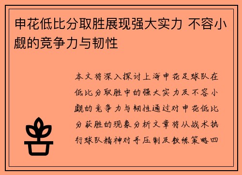 申花低比分取胜展现强大实力 不容小觑的竞争力与韧性