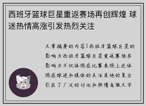 西班牙篮球巨星重返赛场再创辉煌 球迷热情高涨引发热烈关注