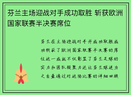 芬兰主场迎战对手成功取胜 斩获欧洲国家联赛半决赛席位